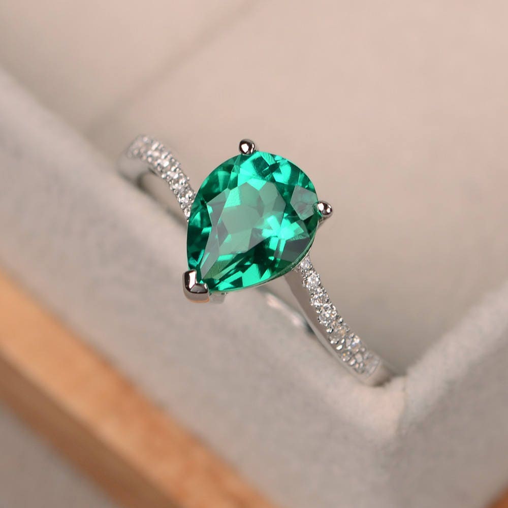 Emerald ring silver pear cut engagement rings green gemstone