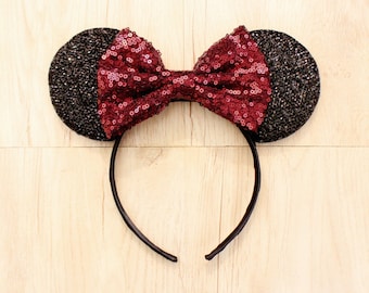 Maroon Disneyland Ears, Minnie Mouse Ears, Mickey Mouse Ears, Minnie Ears, Mickey Ears, Disney Ears, Red Sequin Bow, Disneyland Ears, Disney