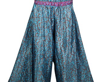 Summer Vintage Recycled Silk Sari Printed High Waist Wide Leg Divided Maxi Split Skirts