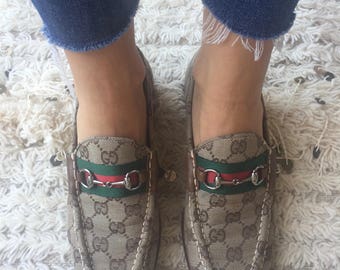 Vintage GUCCI GG MONOGRAM Supreme Beige Canvas Webbing Horsebit Loafers 38 us 7.5 - 8