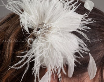 Bridal Feather Head Piece, Soft White or Light Ivory, Swarovski Rhinestone Center, Wedding Hair Birdcage Fascinator - Catalina