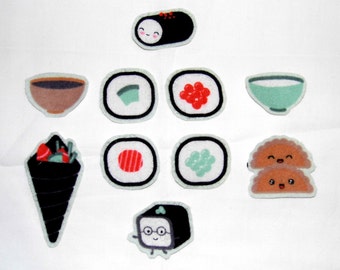 ON SALE - Sushi - Harajuku- Japanese Fabric - Baby - Shirt - Baby Shower - DIY Iron On Fabric Cotton Appliques Set of 10 No Sew Patches