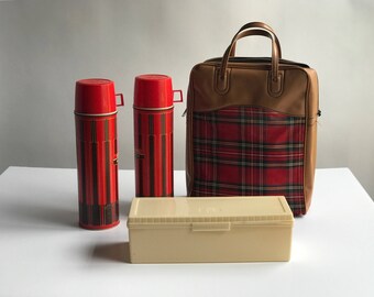 1960s Red Plaid Thermos Picnic Set / Camping Sandwich Box with 2 Matching Thermoses Tartan