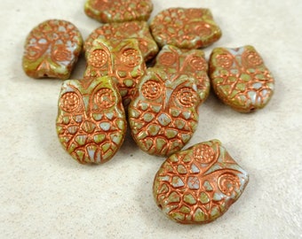 Owl Beads Czech Glass - Picasso Horned Owl Beads - Light Blue and Brown Mix with Copper Finish (MISC/RJ-2764) - 18x15mm - Qty. 4