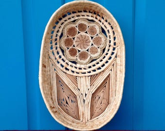 SALE-FREE SHIPPING-Vintage Natural Woven Oval Basket Tray-Wicker Flower Basket-Boho-Retro-Gypsy-Hippie-Wall Decor-Nature Decor-Vanity Decor