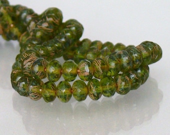 Olivine Copper Drizzle Czech Donut Beads 3x5mm 25 Faceted Rondelle Glass Gemstone Cut