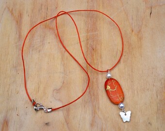 Orange bead, imitation culture and mother of Pearl Butterfly Choker necklace
