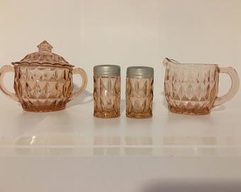 Pink Glass Creamer Sugar Salt & Pepper Set