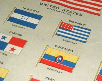 HUGE Antique FLAGS CHART vintage bookplate, Chart 1908 wall art vintage color lithograph illustration