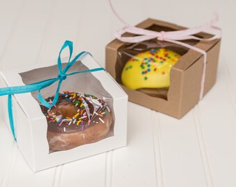 25 Kraft Or White Donut Boxes With Wrap Around Window / Pastry Boxes / Favor Boxes / Individual Donut Box / Donut Weddings