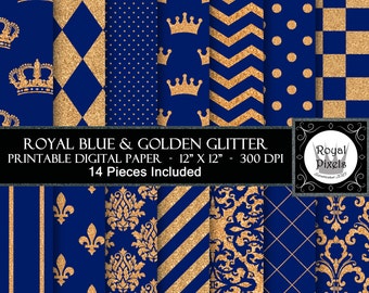 14 Royal Blue & Gold Glitter Digital Paper Backgrounds - Printable or Digital Scrapbook Paper - Royal Baby Shower - Royal Prince #90