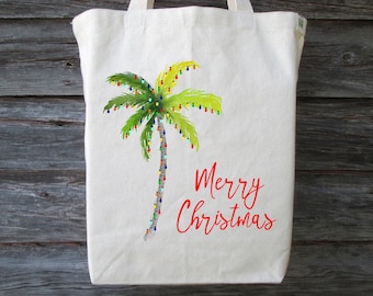 Christmas Palm Tree Tote, Christmas Tote, Florida Christmas Tote, Palm Tree Tote, Hawaii Christmas Tote, Christmas Lights on a Palm Tree