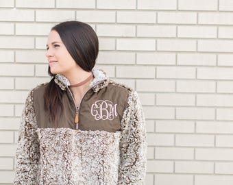 Monogram Sherpa Pullover Jacket, Monogram Sherpa Fleece Pullover, Monogram Fur Pullover, Sherpa Fleece Pullover