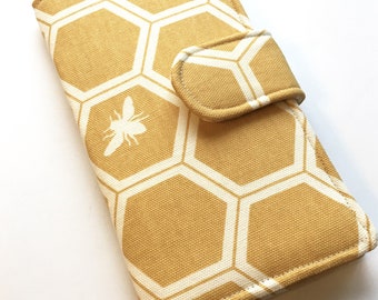 Organic Canvas Wallet, Womens Clutch, Honeycomb and Bees