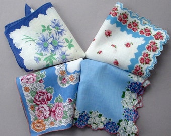Four Blue Floral Cotton Vintage Handkerchiefs Hankies