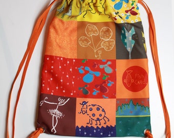 Fishcard drawsting backpack in patchwork style. Yellow collage. Modern light summer backpack for travel and kids