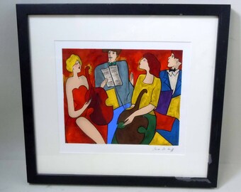 Linda Le Kinff Signed Seriolithograph Litho Lithograph Cello Players 8 by 10 Framed