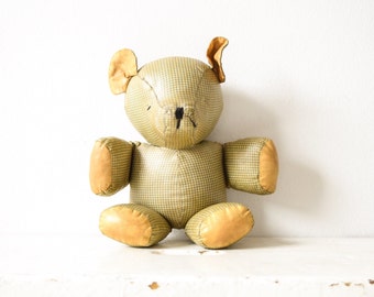 antique teddy bear, stuffed teddy bear, antique teddy, precious old antique stuffed plaid teddy bear, hand stitched, antique