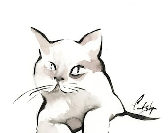 Minimalist Cat Original Watercolor and Ink Painting, Cat Painting, Black and White Modern Cat Painting Art