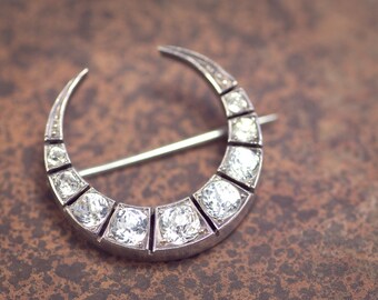 Antique Victorian English Silver & Gold Foiled Paste Crescent Moon Brooch Pin