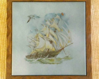 Vintage Tile Trivet with Wood Frame-Massed Ship,Clippership Porcelain Decorative Kitchen Decor or Wall Decor Tile Trivet Nautical Decor
