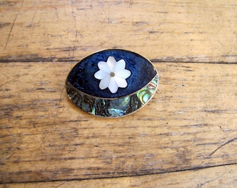 1970's Flower Abalone and Alpaca Silver Brooch, Pendant, Pendant Necklace, Pin, Brooch, Alpaca, Abalone, Mexican, Mexico, Flower