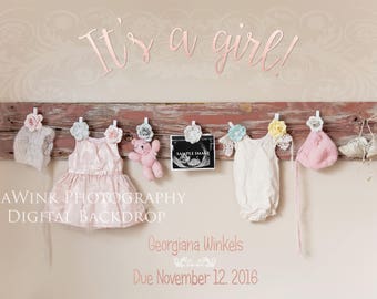 Girl Pregnancy Announcement Digital File//Birth Announcement with sonogram ultrasound photo//Shabby Chic Vintage Maternity Announcement