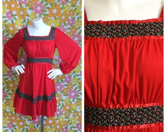 SALE! 70s Vintage Red Prairie Mini Dress Small Medium