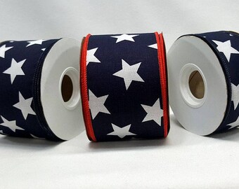 1.5" or 2.5" Wired Canvas Patriotic Stars Ribbon ~ American Flag White Stars on Blue Canvas Ribbon ~ Home Decor / Craft Ribbon ~ 3 Yards