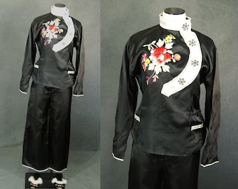 vintage 40s Asian Pajamas - Black Floral Embroidered Shirt Palazzo Pants 1940s Lounge Wear Set Sz M