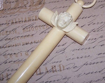 Vintage, Art Deco, French, Religious, Celluloid, Plastic, Croix de Berceau, Crib Cross, Angel, Putti, Cherub, Baby Shower, Christening, Gift