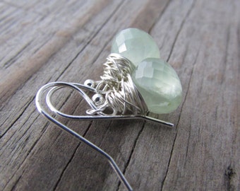 Prehnite Earrings, faceted gemstone drops, wire wrapped, pale green prehnite dangle earrings