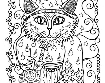 5 Pages Instant Download Coloring For Adults Fantasy Cats Digital Digi Stamp