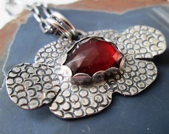 Garnet Art Deco Hand Stamped Flower Pendant in Sterling Silver Necklace Jewelry