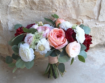 Large Silk Flower Wedding Bouquet | Burgundy, Coral, Pink and Cream | Over-sized Garden Style Bridal Bouquet | SG-1054