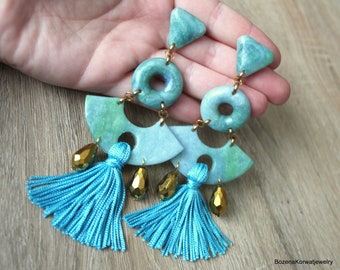 Long earrings with tassel, polymer clay
