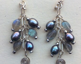 Labradorite and Gray Pearl Dangle Earrings