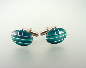 Natural Malachite Cufflinks - Natural Gemstone with Sterling Silver Cuff Links - Hand Made in USA