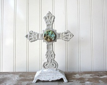 Cast iron standing cross white cross ornate metal 8 inch with verdigris paperclay element Religious Christian Spiritual decor W1