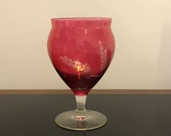 Vintage Red Etched Glass Footed Vase