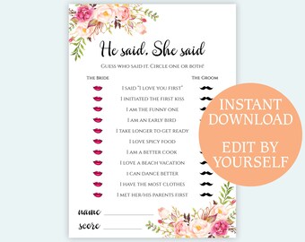 EDITABLE He said She said game printable Floral Bridal Shower games Instant download PDF template