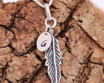 Sterling Silver Angel Feather Necklace, Silver Feather Necklace, Angel Feather Necklace, Initial Necklace, Personalised, Gift for Her