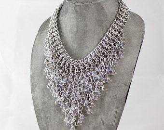 AB Glass Teardrop and Aluminum Chainmail Fringe Statement Necklace