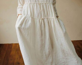 759---White Gathering High Counted Washed French Linen Dress, Trapeze Dress, Spring / Summer Dress, Made to Order.