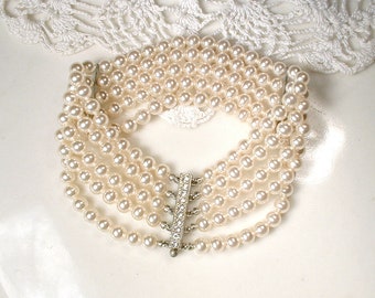 HOLD 1920 Art Deco Multi Strand Pearl Bracelet,Ornate Pave Rhinestone Clasp Glass Ivory Champagne Bridal 1930 Gatsby Vintage Wedding Antique