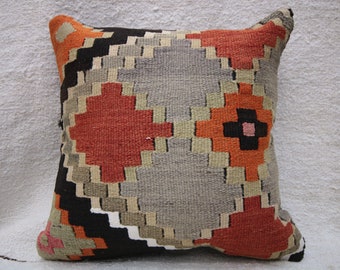 Kilim Pillow Cover, 16”x16”, Decorative Pillow, Throw Pillow, Cushion Cover, Vintage Pillow Cover, Bohemian Pillow, Boho Pillow
