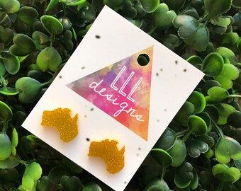 Australian Map Glitter Gold Stud Earrings. Aussie Earrings. Australia. Fun and Fabulous Earrings. Life's to short to wear boring Jewellery!!