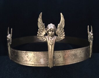 Three Winged Goddesses on Brass Stamped Circlet Headpiece Crown
