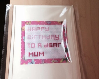 Handmade cross stitched Mum birthday card