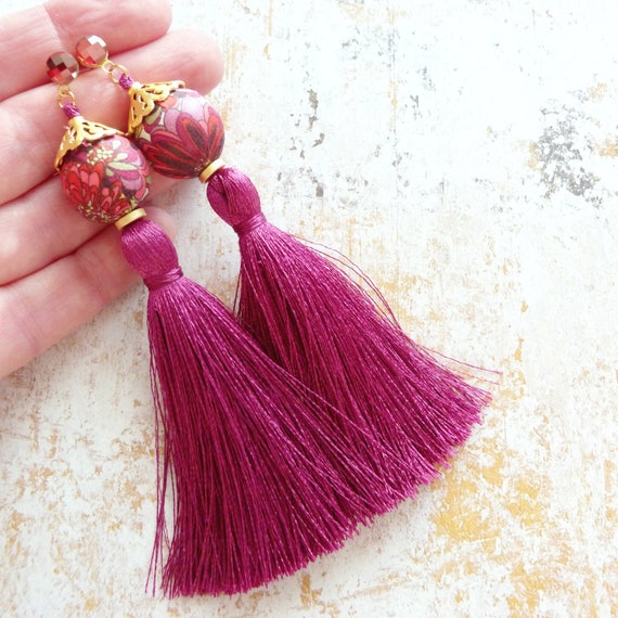 Tassel earrings,Hot pink earrings,Long earrings,Silk tassel earrings,Luxurious earrings,Statement earrings,Tassel jewelry,Boho chic earrings
